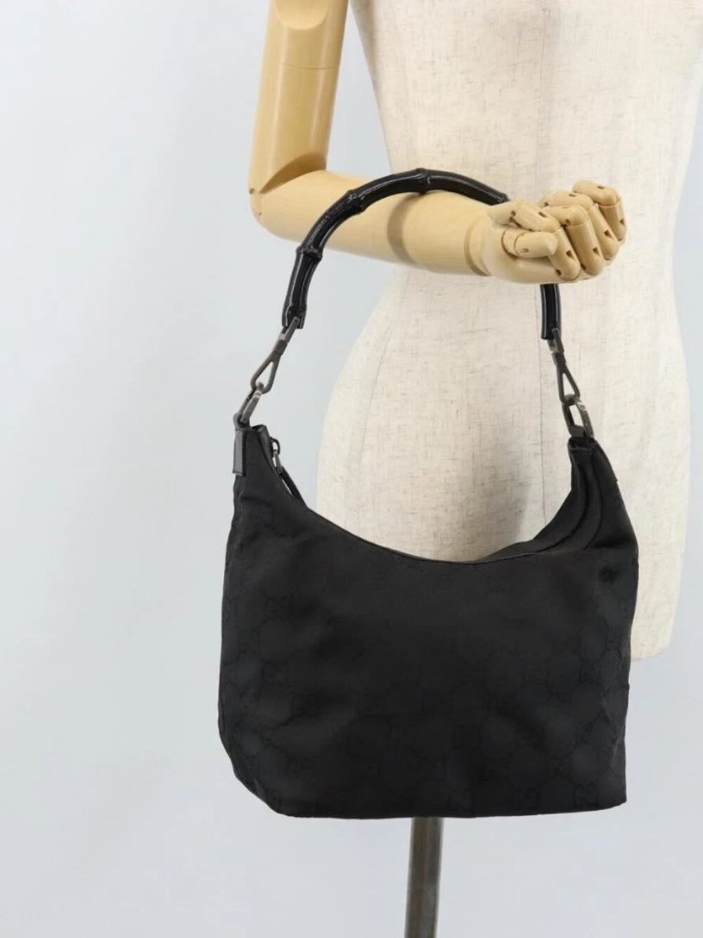 GUCCI GG Canvas Bamboo Shoulder Bag Nylon Black Silver 000 0531 Auth 172773